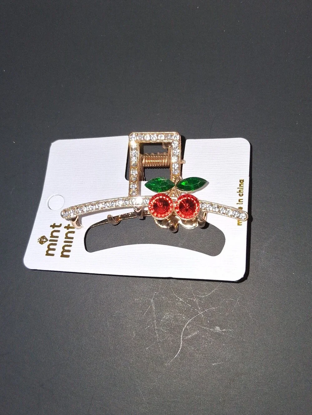 Gold Cherry Crystal Hair Clip - Red and Green Accent